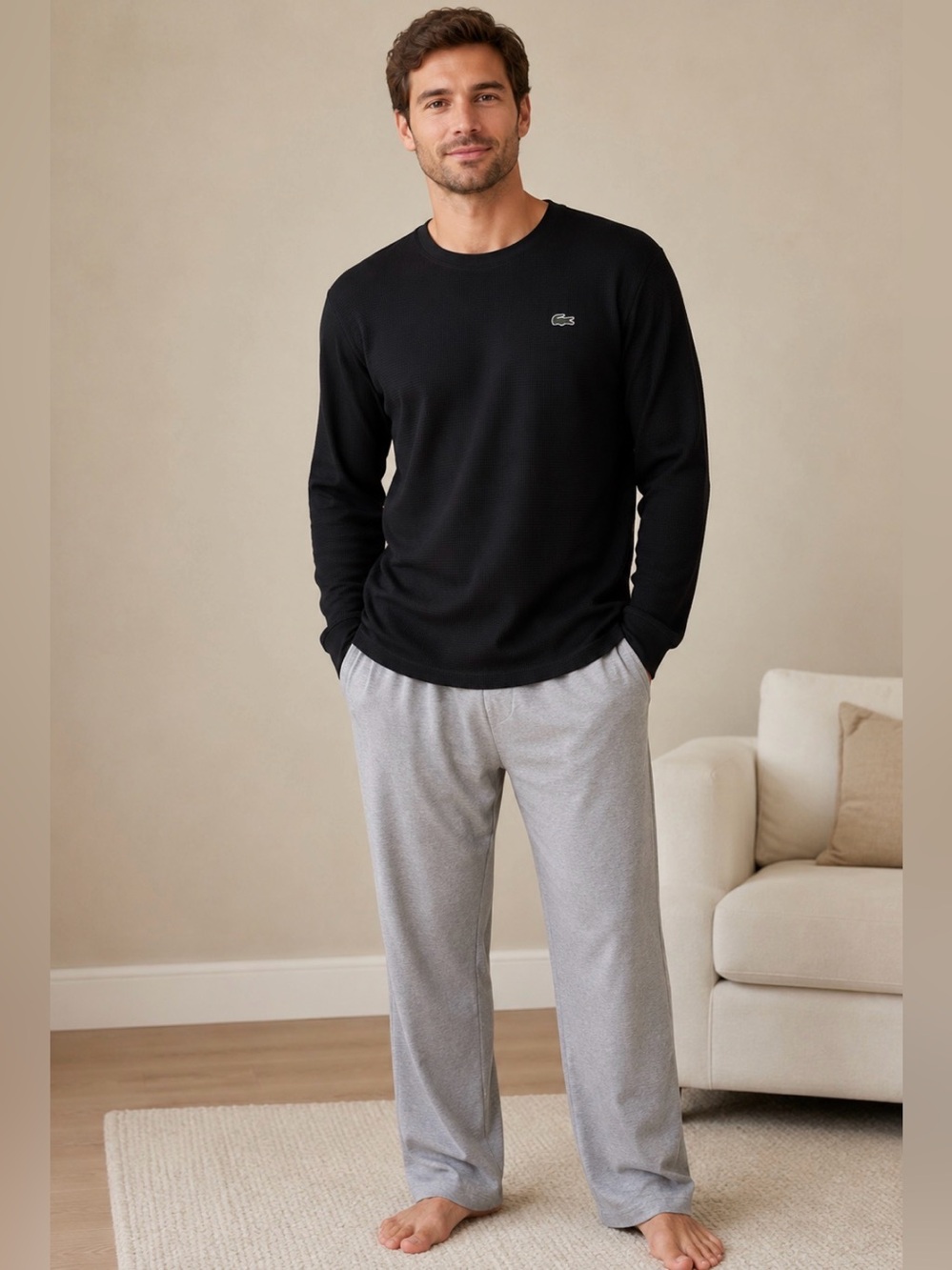 Lacoste Sleepwear Men’s XXL Black Waffle Knit Thermal Long Sleeve Lounge Shirt